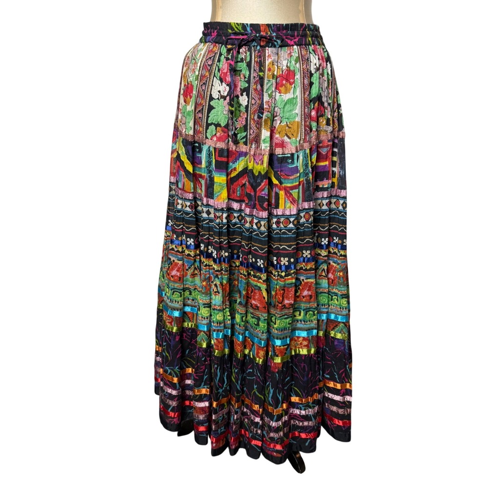TravelSmith Multi Color Cotton Ribbon Boho Maxi Skirt Medium
